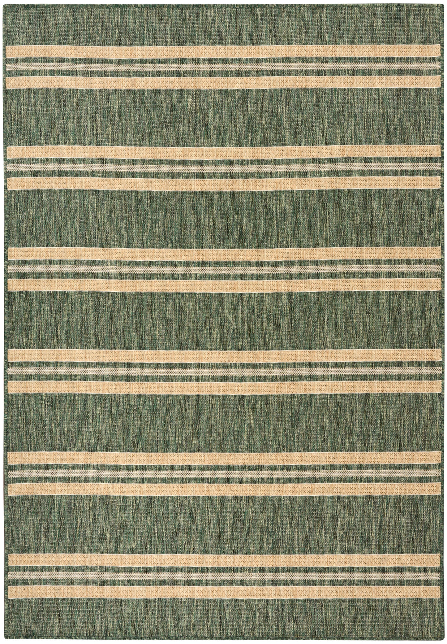 Green woven area rug with beige horizontal stripes in varying widths, textured geometric style.