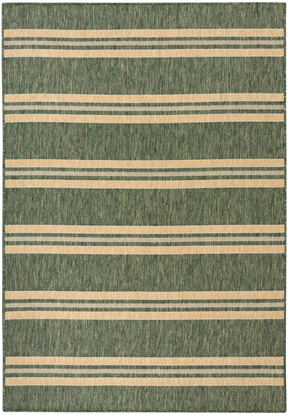 Green woven area rug with beige horizontal stripes in varying widths, textured geometric style.