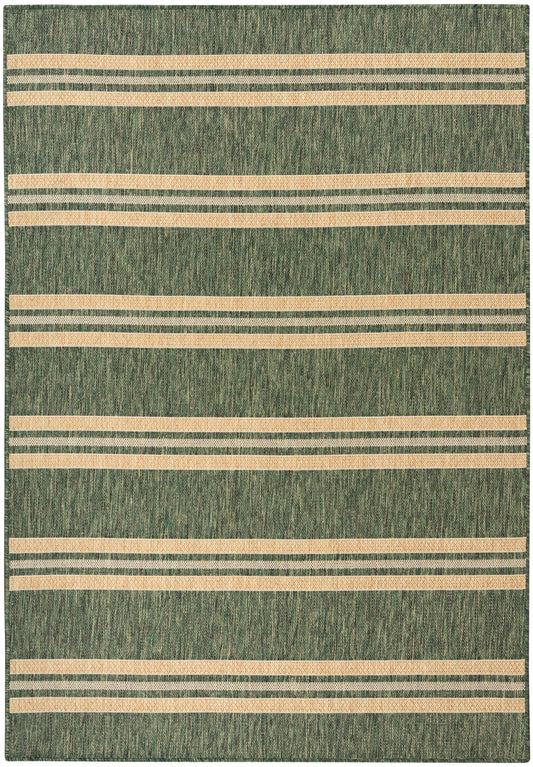 Green woven area rug with beige horizontal stripes in varying widths, textured geometric style.