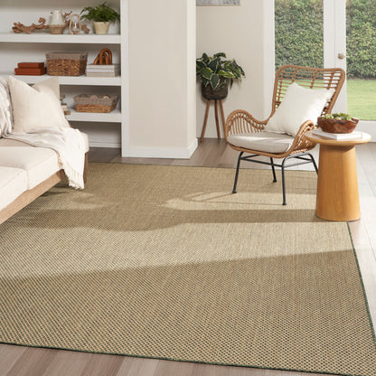 Bright neutral living room with a large woven jute rug, cream sofa, rattan chair, round wood side table, plants.