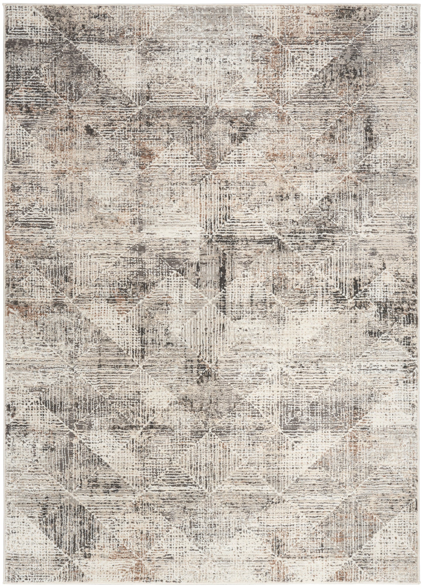 Rectangular neutral distressed geometric area rug in beige, gray and taupe with soft woven texture.