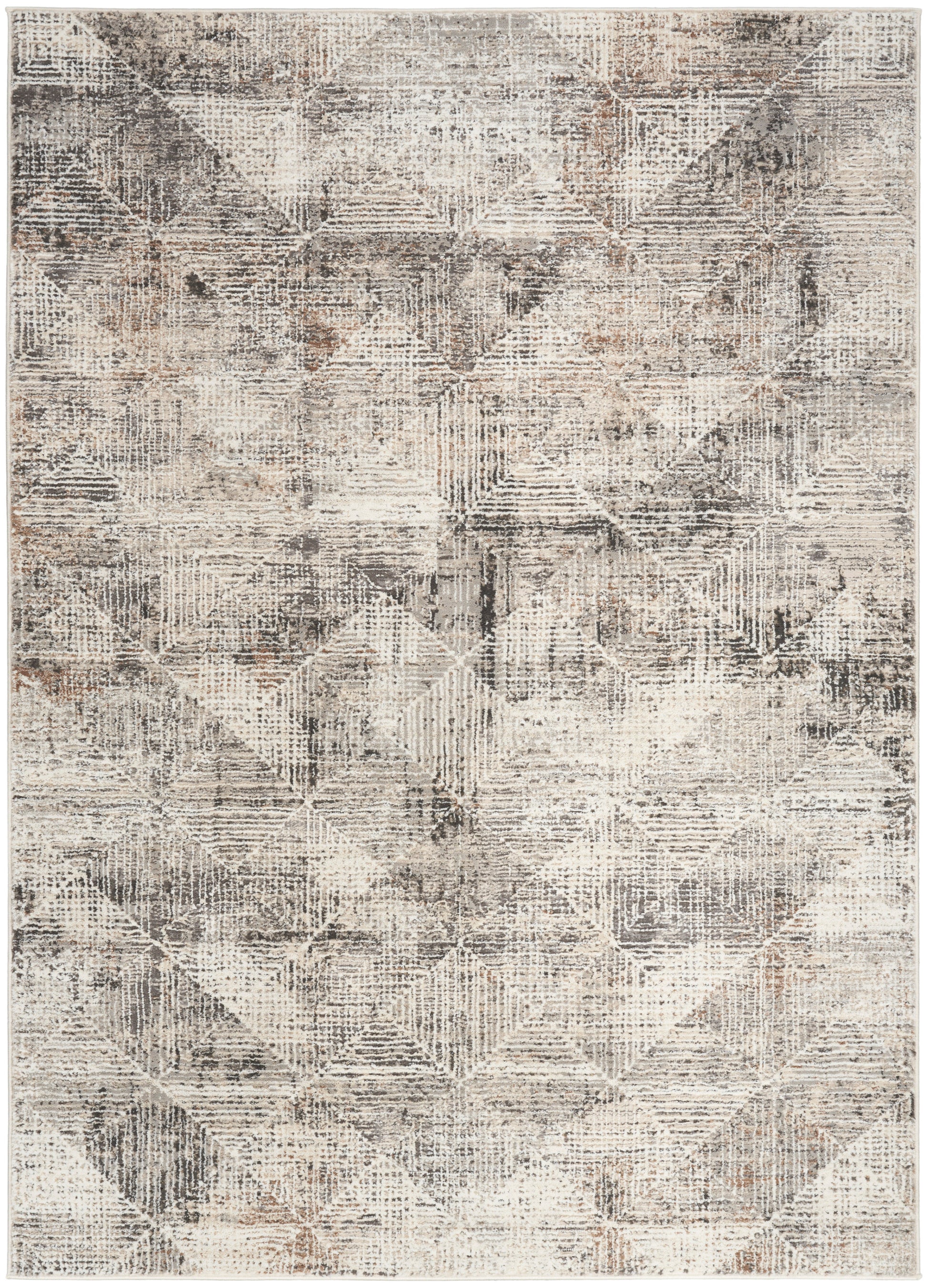 Rectangular neutral distressed geometric area rug in beige, gray and taupe with soft woven texture.