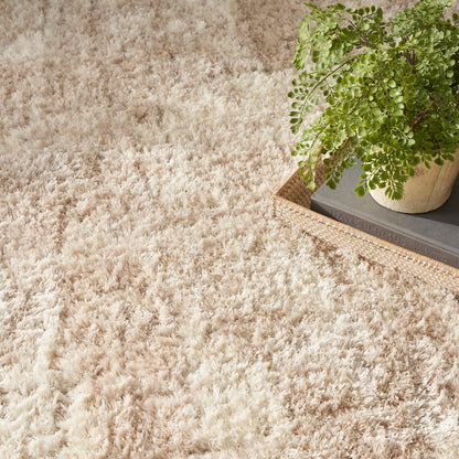 Cream shag rug with plush beige pile; potted green fern on a wicker tray with books.