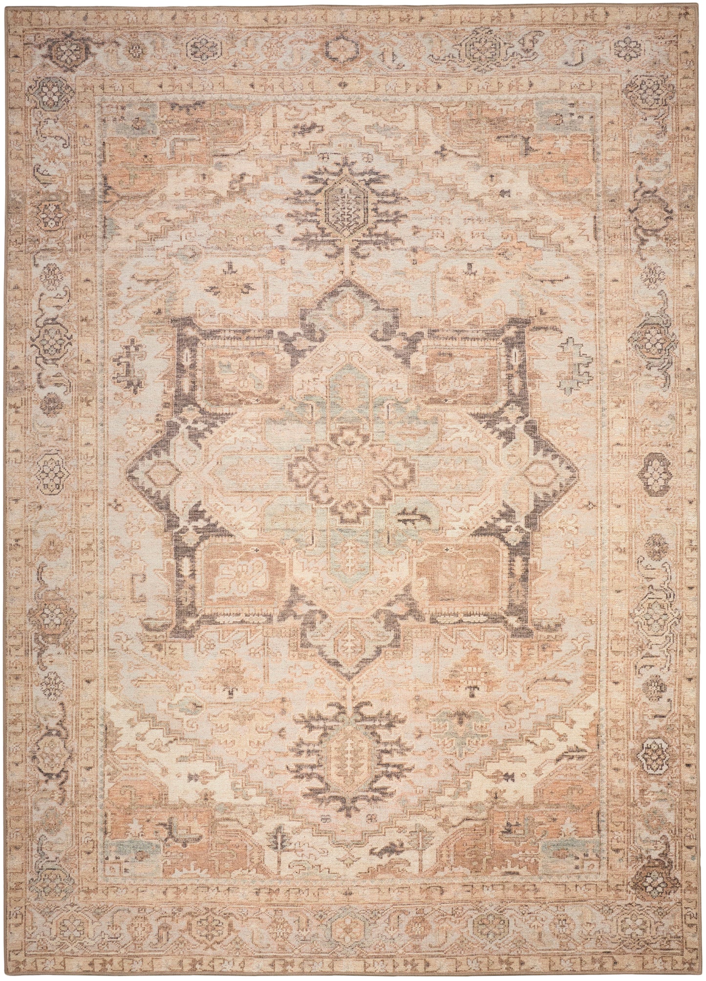 Distressed oriental rug in ivory and peach with a central floral medallion and ornate border in muted blues.