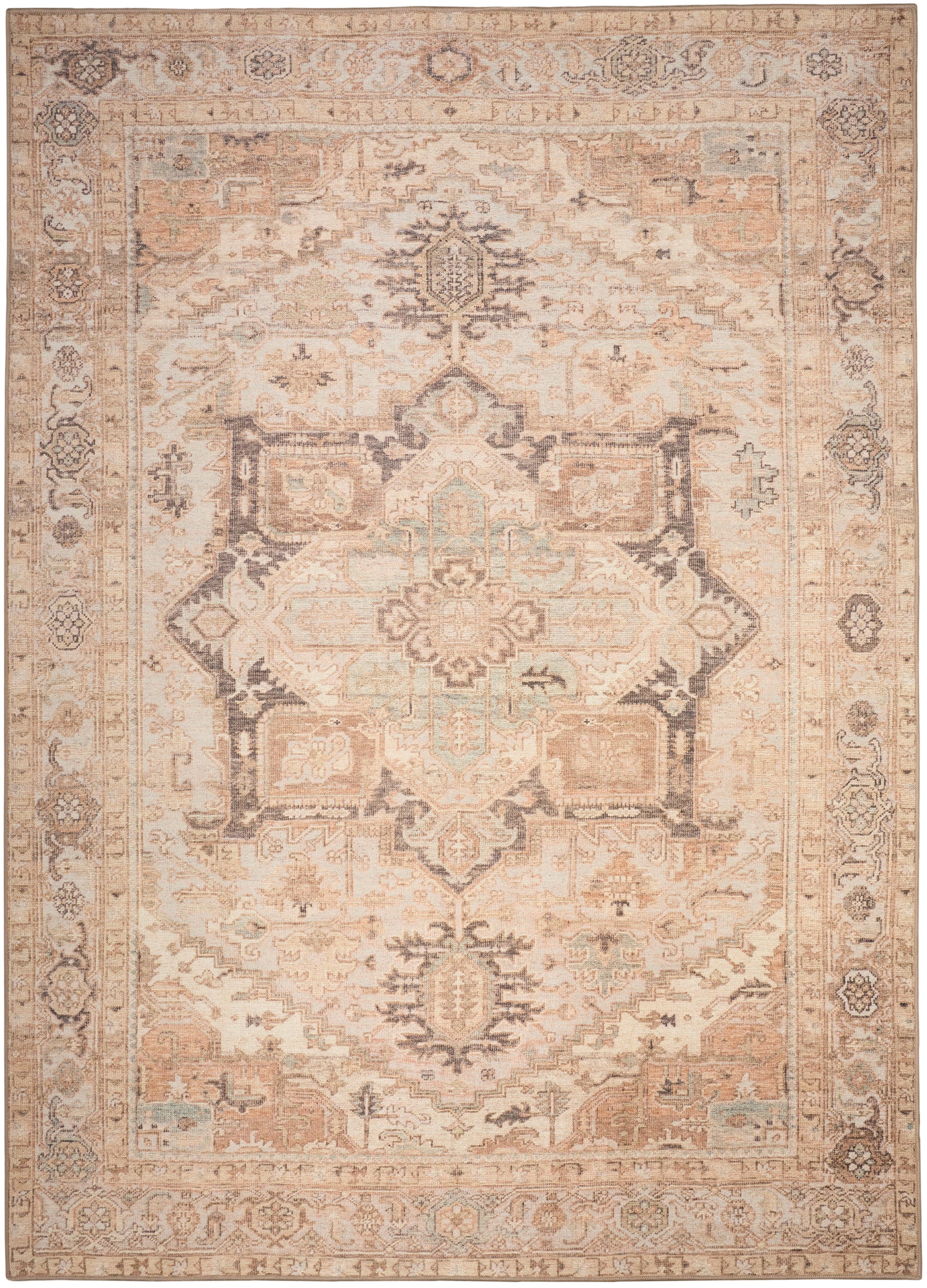 Distressed oriental rug in ivory and peach with a central floral medallion and ornate border in muted blues.