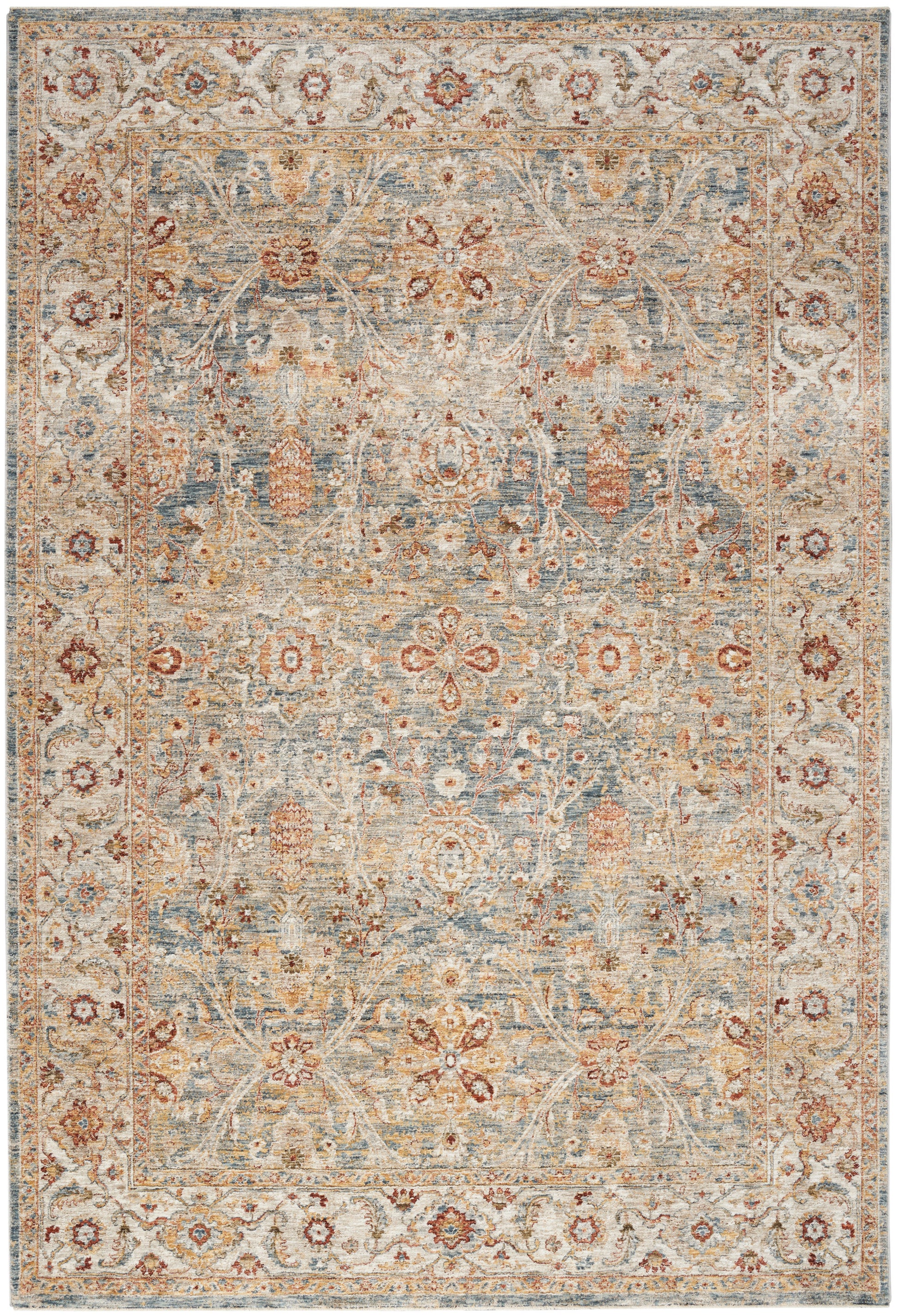 Blue-gray distressed Persian rug with ivory floral vines, rust accents & an ornate border.