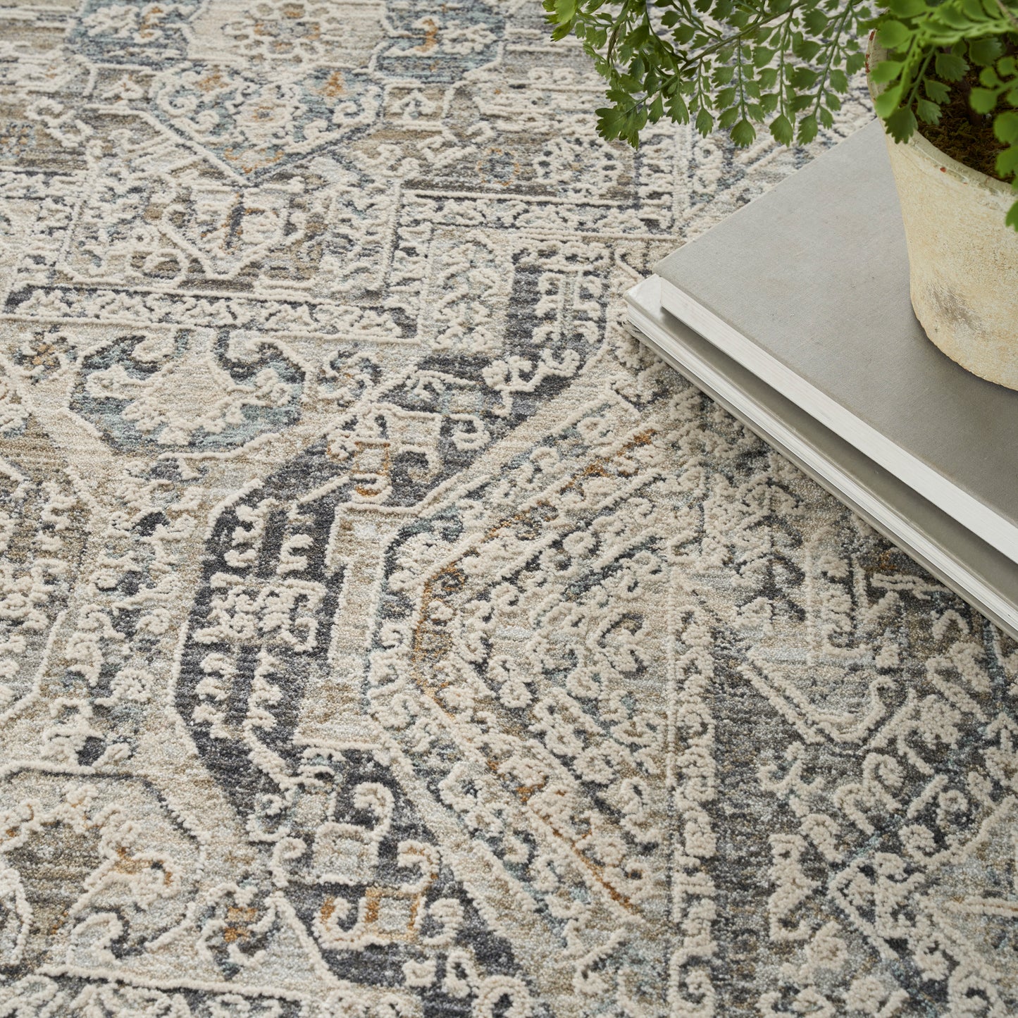 Gray-blue patterned area rug with vintage medallion motifs; stacked books and a potted plant nearby.