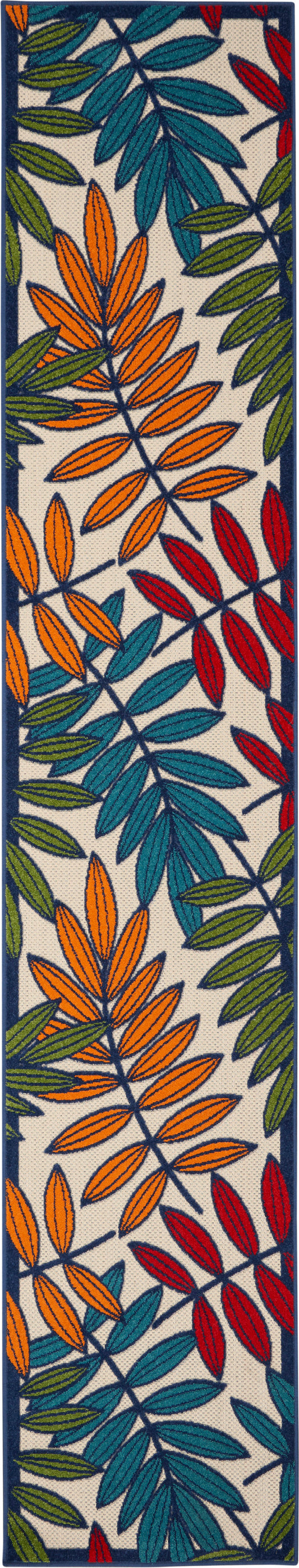 Long runner rug with bright tropical leaves in orange, teal, green and red on cream with navy border.