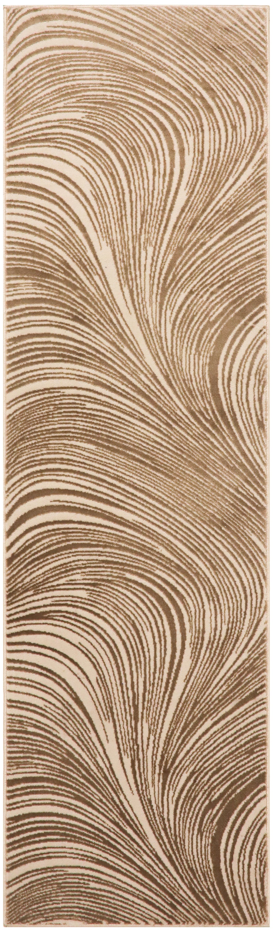 Tall gold metallic wallpaper strip with flowing brown swirl pattern; decorative wall covering.