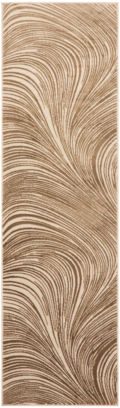Tall gold metallic wallpaper strip with flowing brown swirl pattern; decorative wall covering.