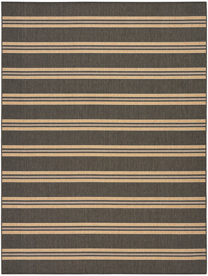 Charcoal-gray woven area rug with thin beige stripes running horizontally.