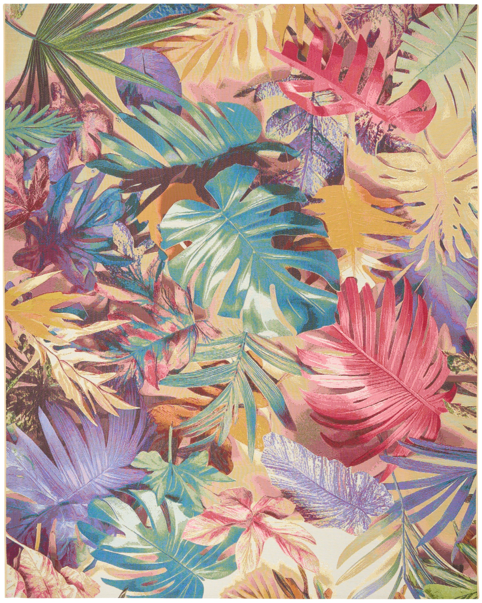 Vibrant tropical palm leaf print with pink, blue, green and yellow leaves for a bold fabric pattern.