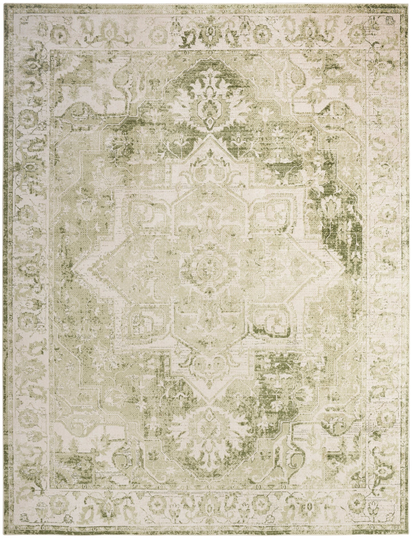 Distressed cream and sage oriental area rug with central medallion and decorative border, soft vintage look.