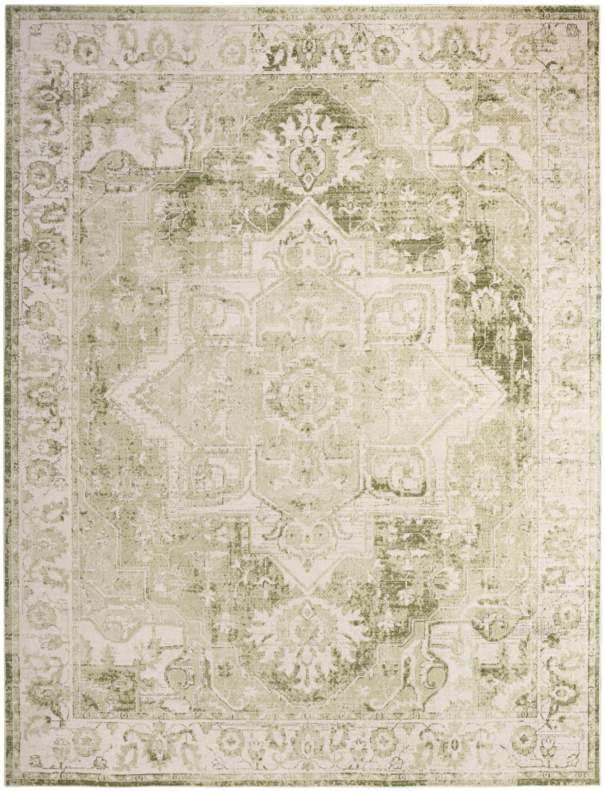 Distressed cream and sage oriental area rug with central medallion and decorative border, soft vintage look.