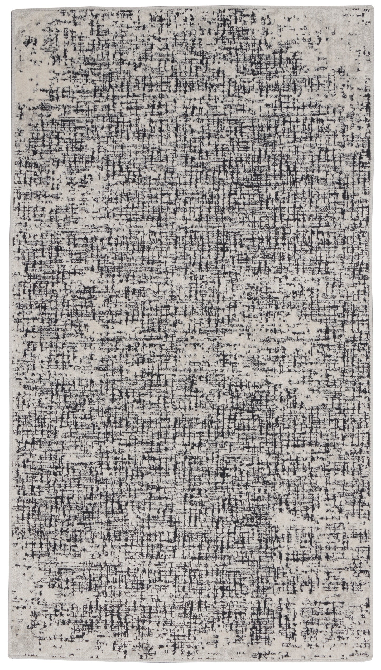 Rectangular cream rug with a black abstract distressed pattern, modern area rug for living rooms.