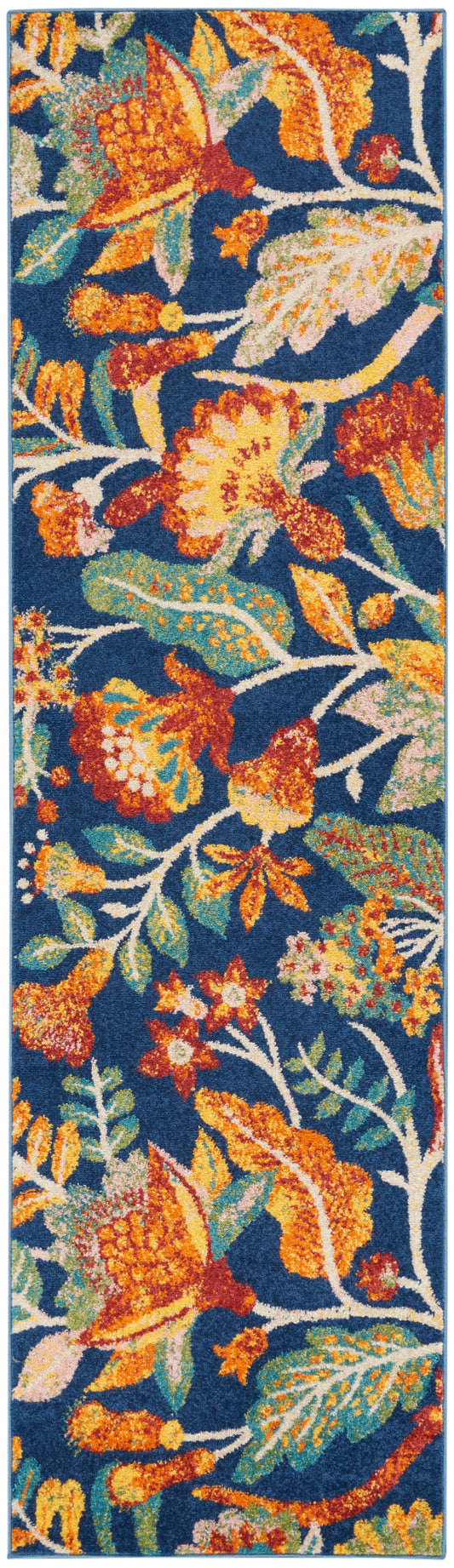 Navy fabric with orange, yellow and white flowers and teal-green leaves in a botanical tapestry pattern; long scarf.