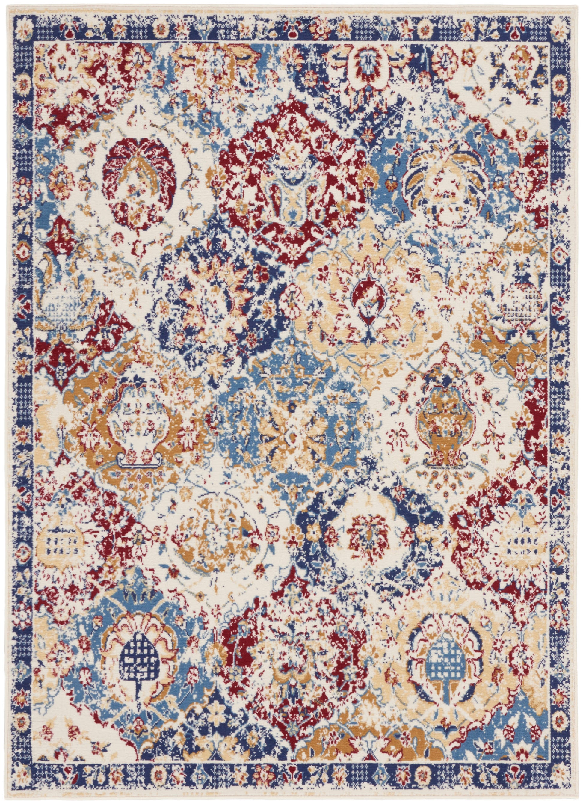 Rectangular Persian-style rug with ivory field, blue and red medallions, gold accents and a decorative border.