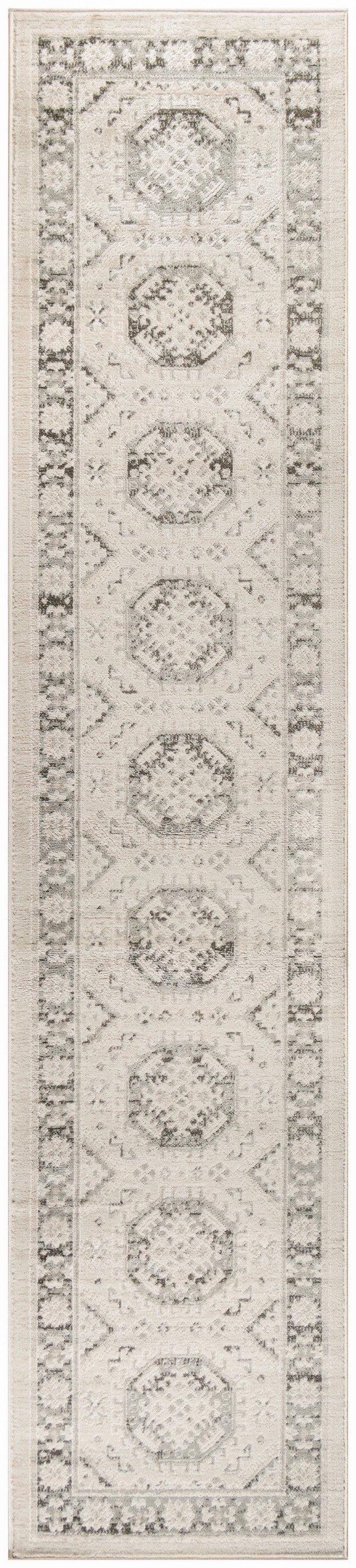 Ivory-gray distressed runner rug with repeating hexagonal medallions and ornate border; traditional oriental hallway decor.