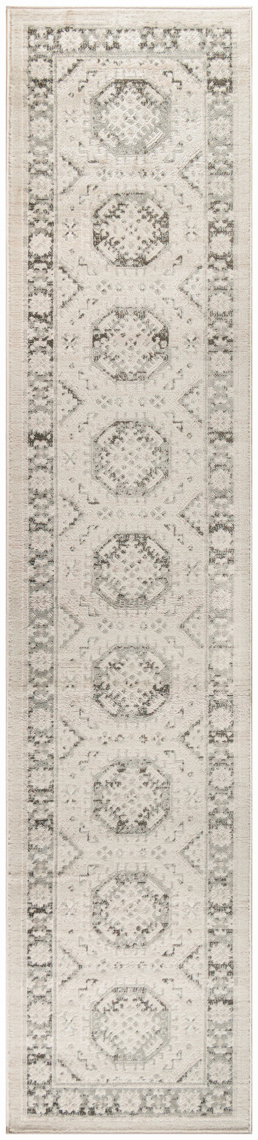Ivory-gray distressed runner rug with repeating hexagonal medallions and ornate border; traditional oriental hallway decor.
