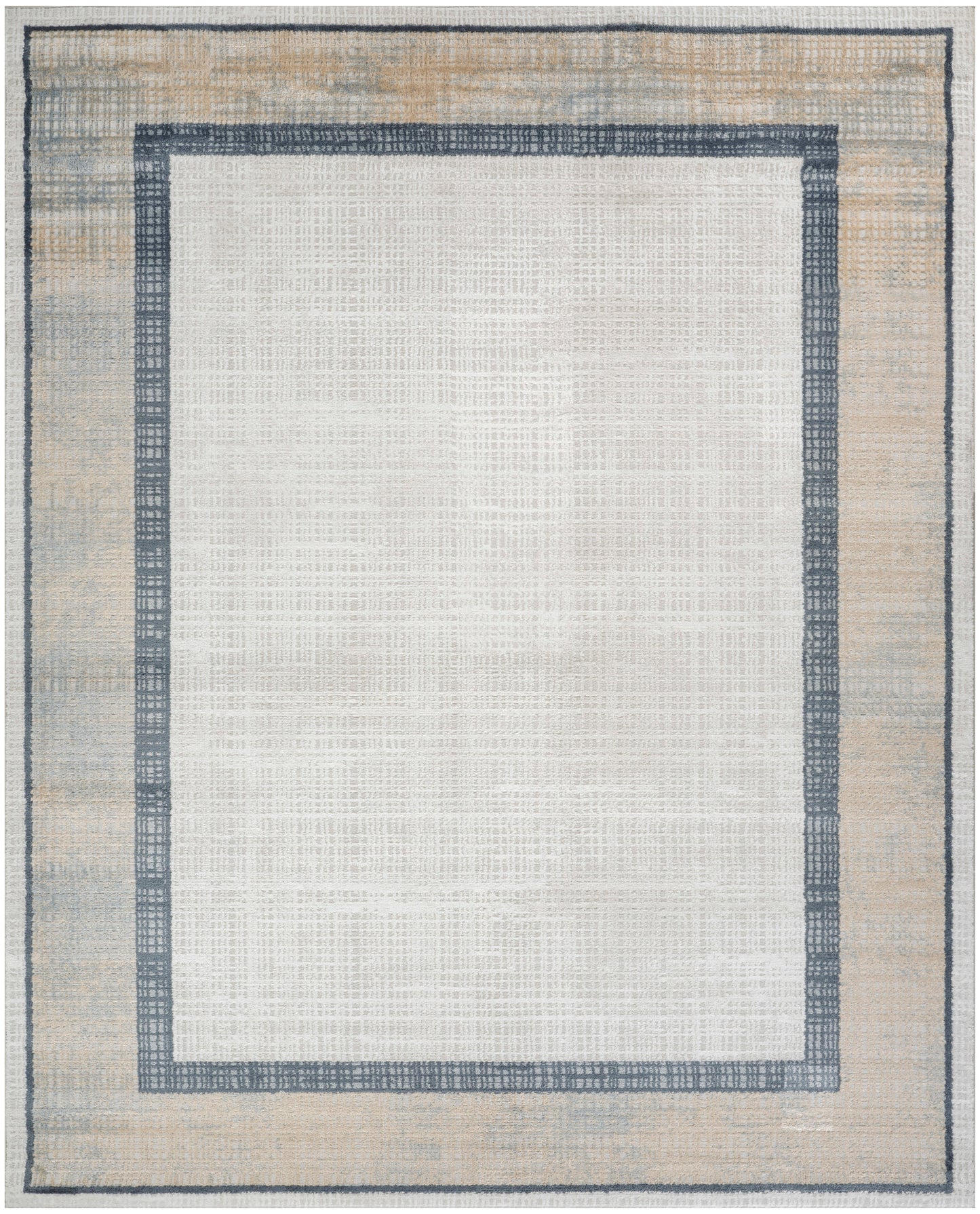 Beige flatweave rug with a blue-gray inner border framing an off-white center; modern textured border for living room.