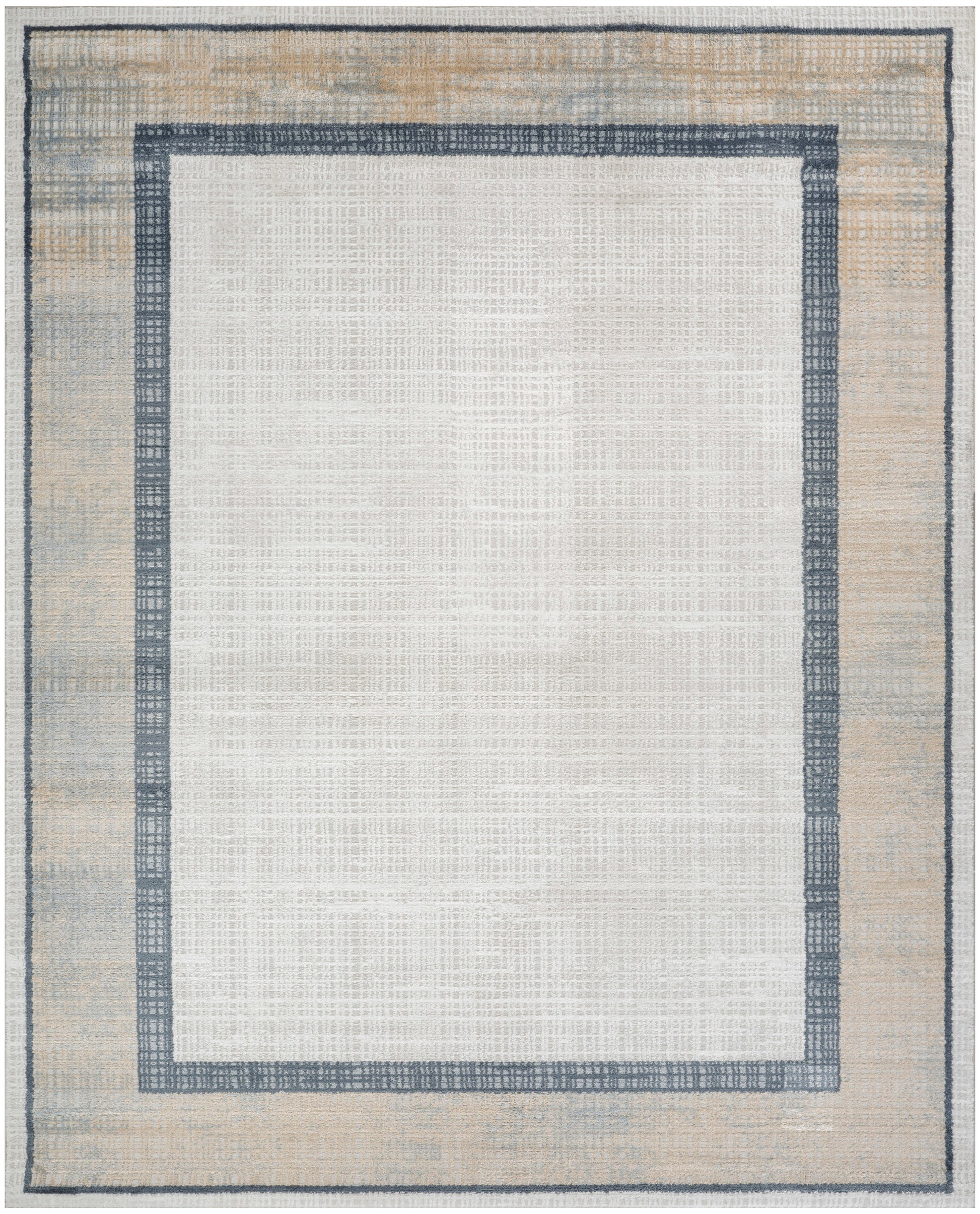 Beige flatweave rug with a blue-gray inner border framing an off-white center; modern textured border for living room.