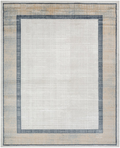 Beige flatweave rug with a blue-gray inner border framing an off-white center; modern textured border for living room.