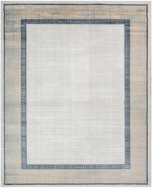 Beige flatweave rug with a blue-gray inner border framing an off-white center; modern textured border for living room.