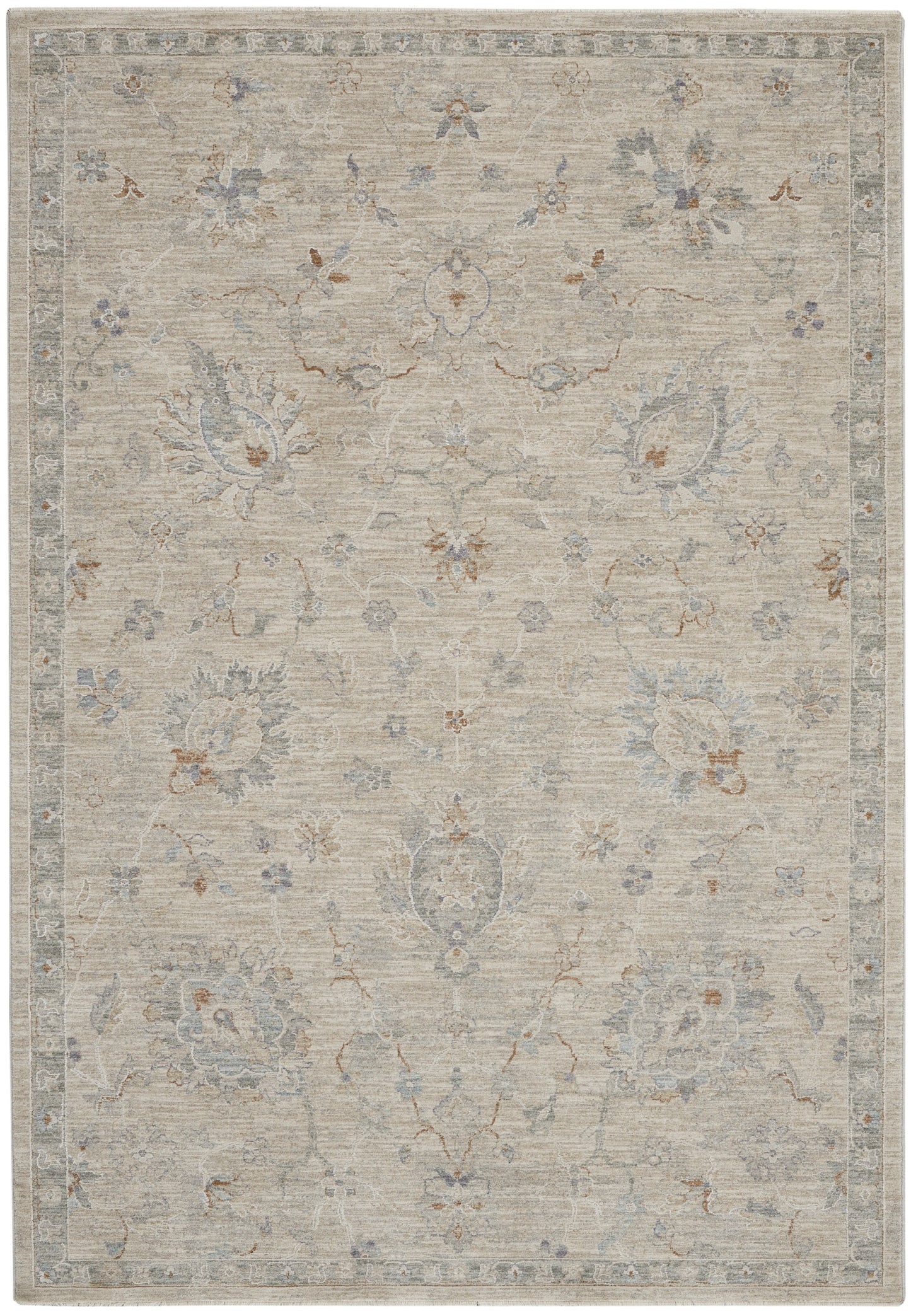 Cream-beige area rug with soft blue and taupe floral motifs and a scrolling border in vintage style.