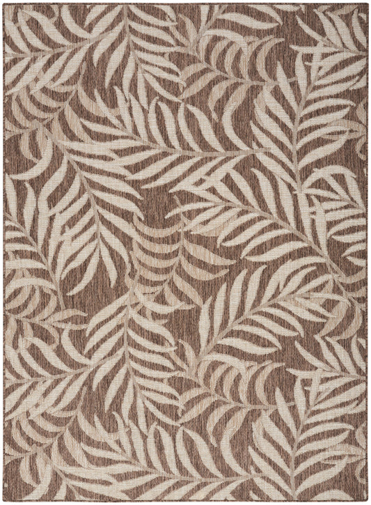 Rectangular rug with cream-beige leafy pattern on brown background; woven texture, botanical-style living room decor.
