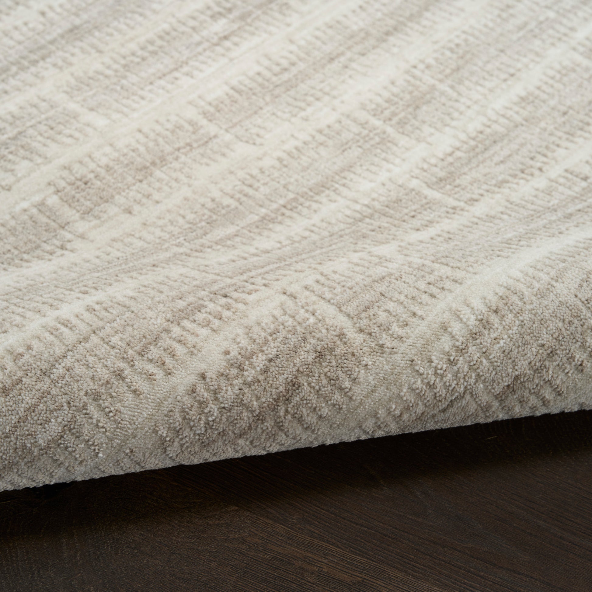Beige textured rectangular area rug with soft pile & subtle geometric pattern on dark wood floor.