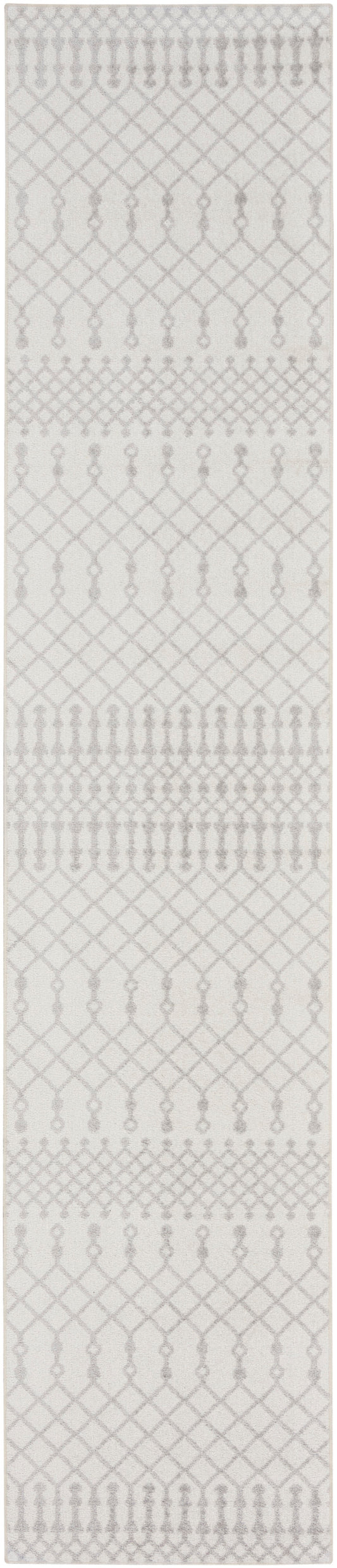 Ivory Bohemian 8' rug runner with geometric diamond and teardrop motifs.