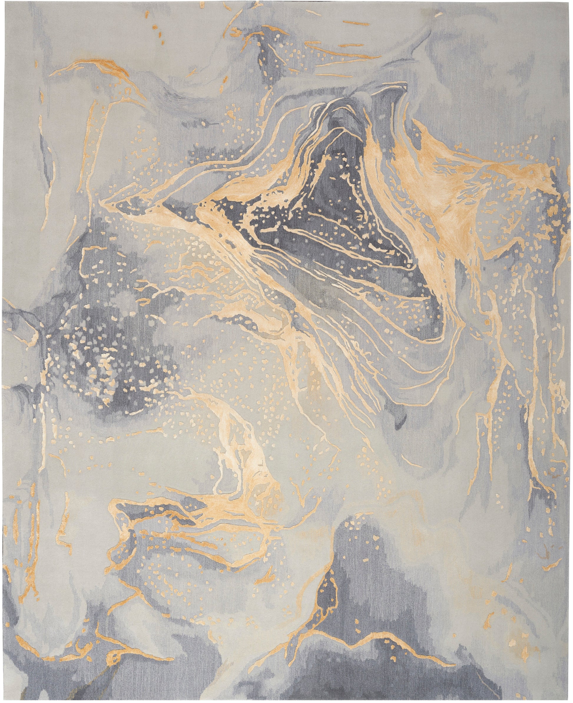 Rectangular abstract area rug with blue-gray background and pale gold metallic veining.