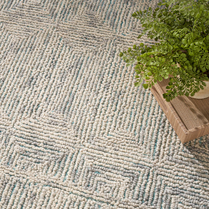 Beige textured geometric rug with light blue accents, alongside a green potted fern on stacked wooden boxes.