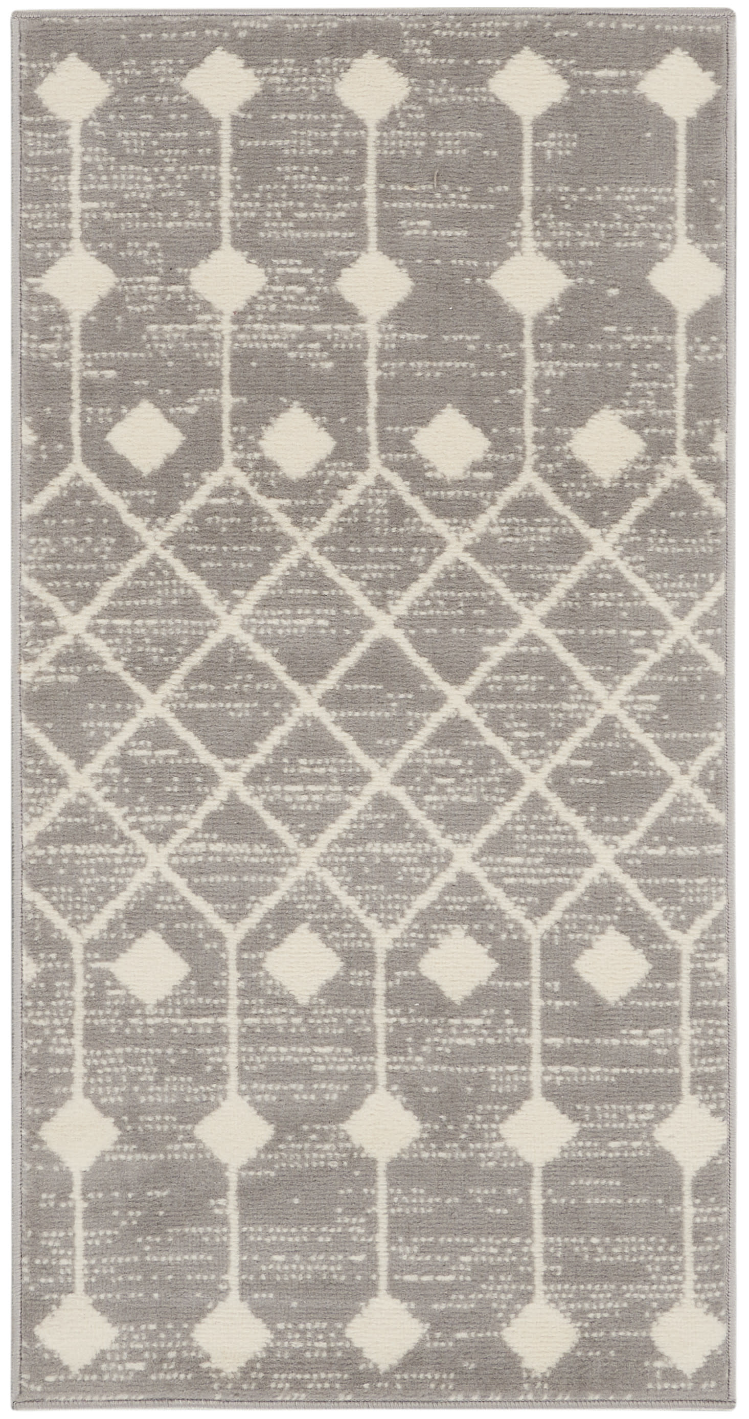 Taupe Bohemian area rug with cream diamond lattice pattern; 2' x 4'.