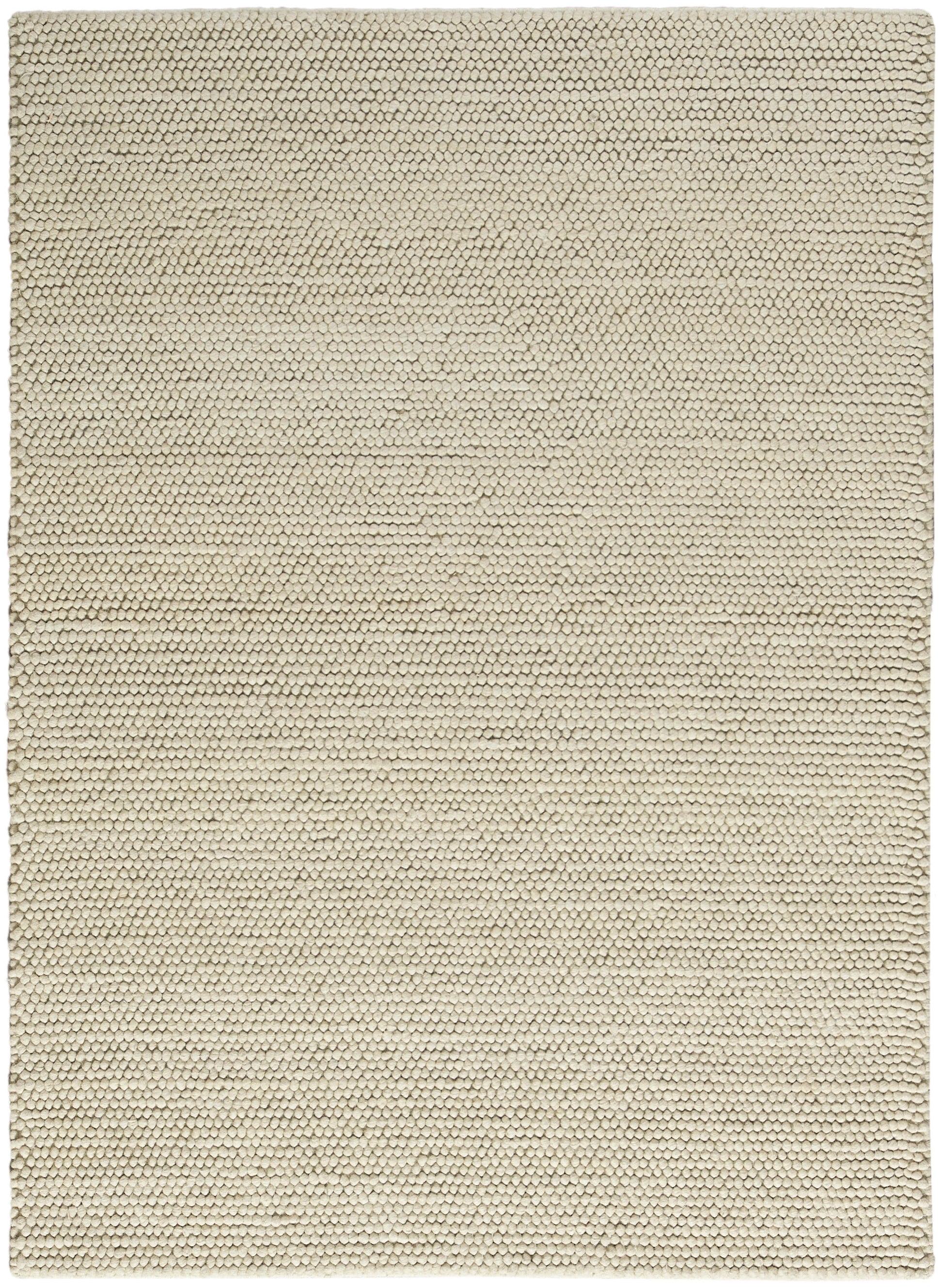 Beige textured flat-weave rug with tiny loop pattern, rectangular and neutral.