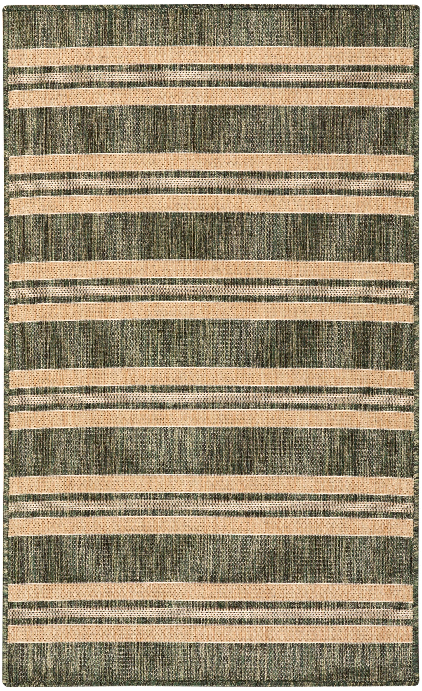 Olive green woven rug with beige horizontal stripes; rectangular, casual floor rug.