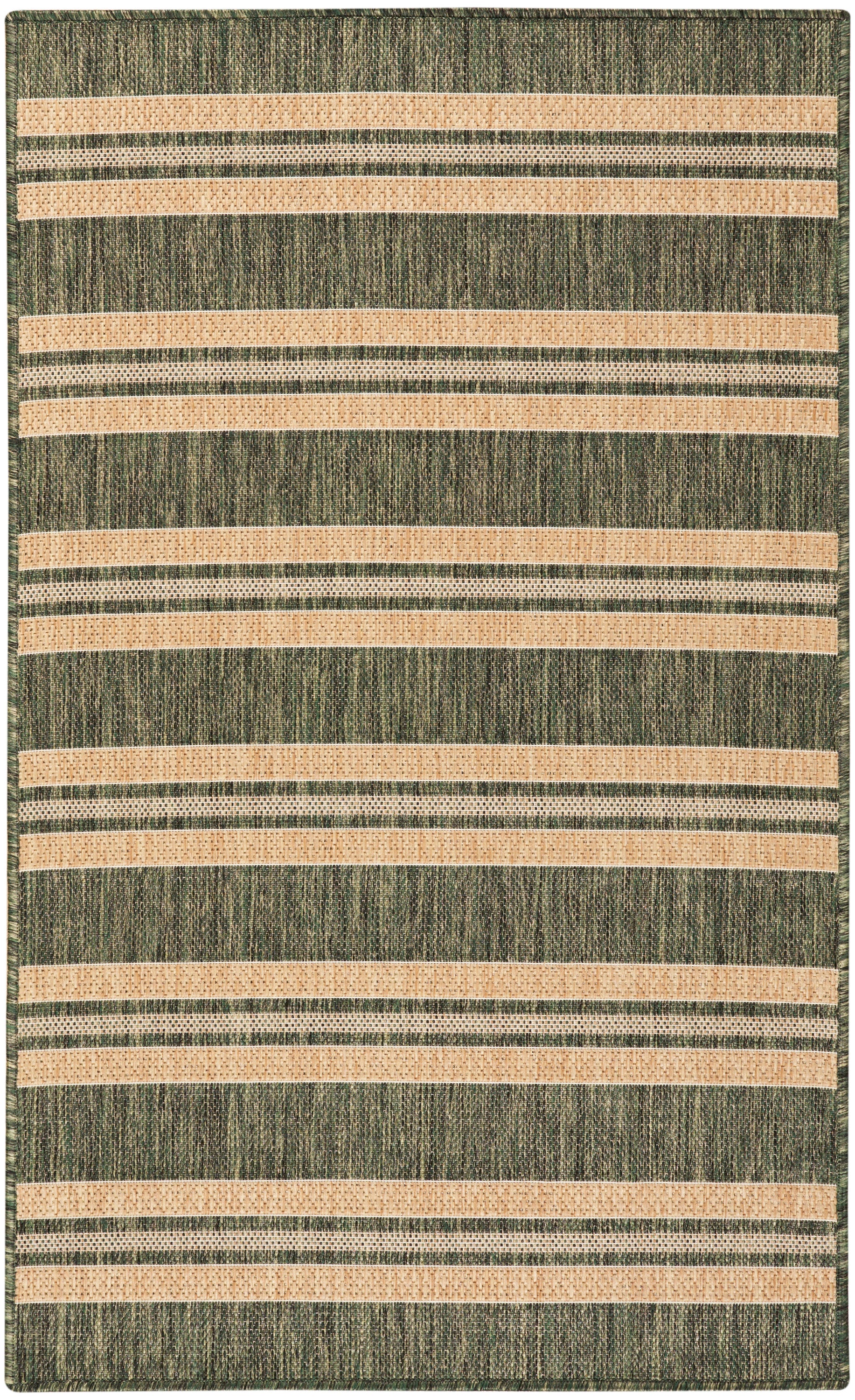 Olive green woven rug with beige horizontal stripes; rectangular, casual floor rug.