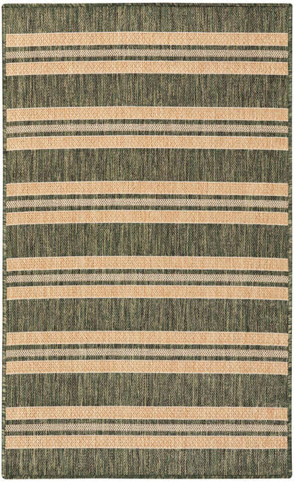 Olive green woven rug with beige horizontal stripes; rectangular, casual floor rug.