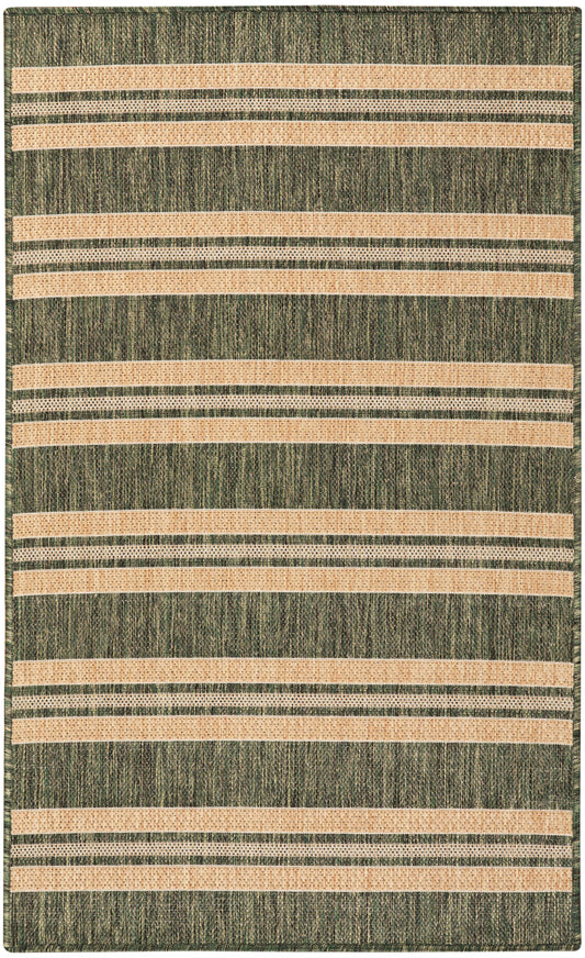 Olive green woven rug with beige horizontal stripes; rectangular, casual floor rug.