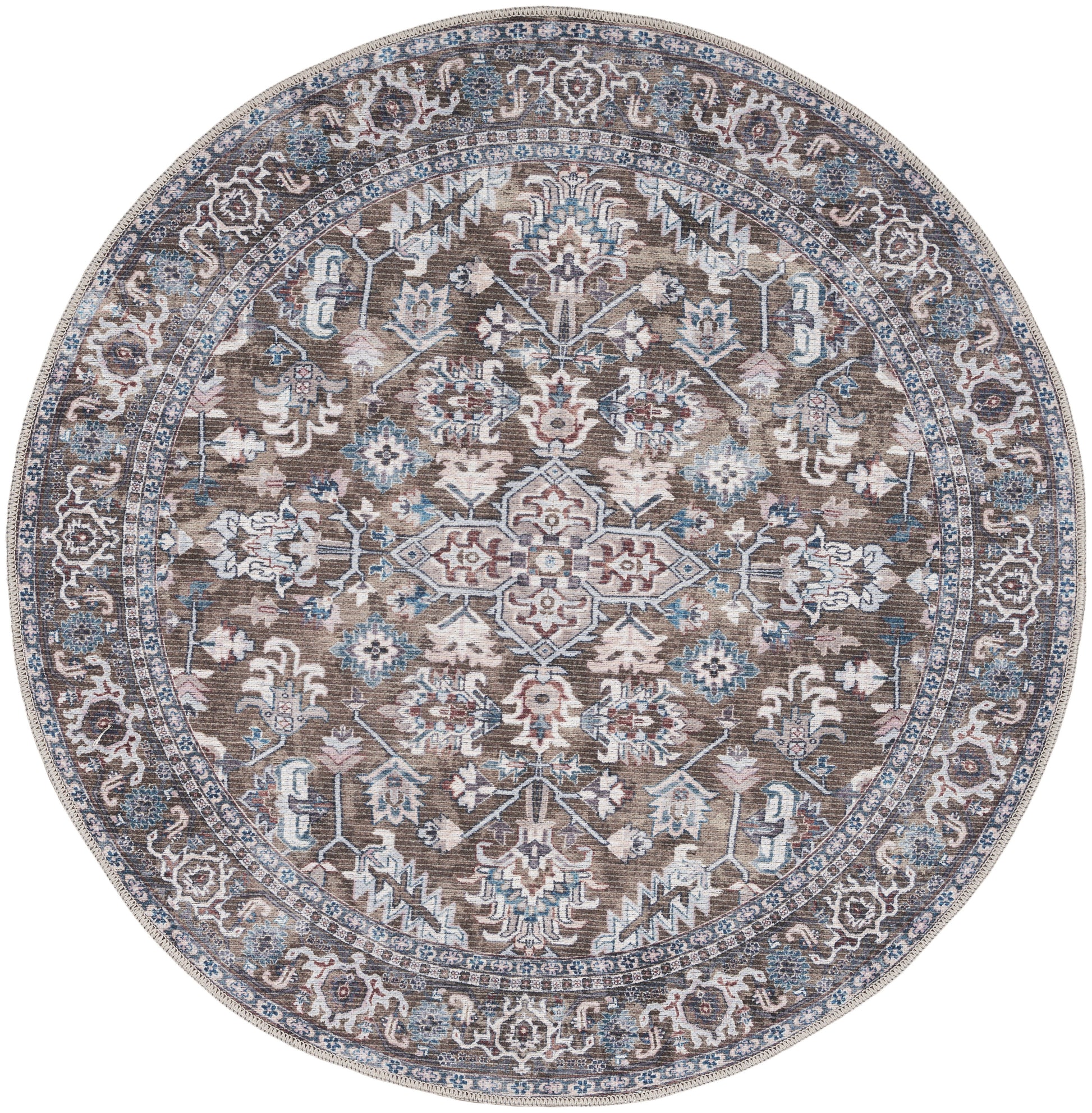 Round Persian-inspired rug with blue, ivory and brown floral medallions and an ornate border.