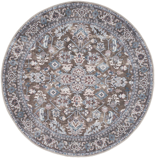 Round Persian-inspired rug with blue, ivory and brown floral medallions and an ornate border.