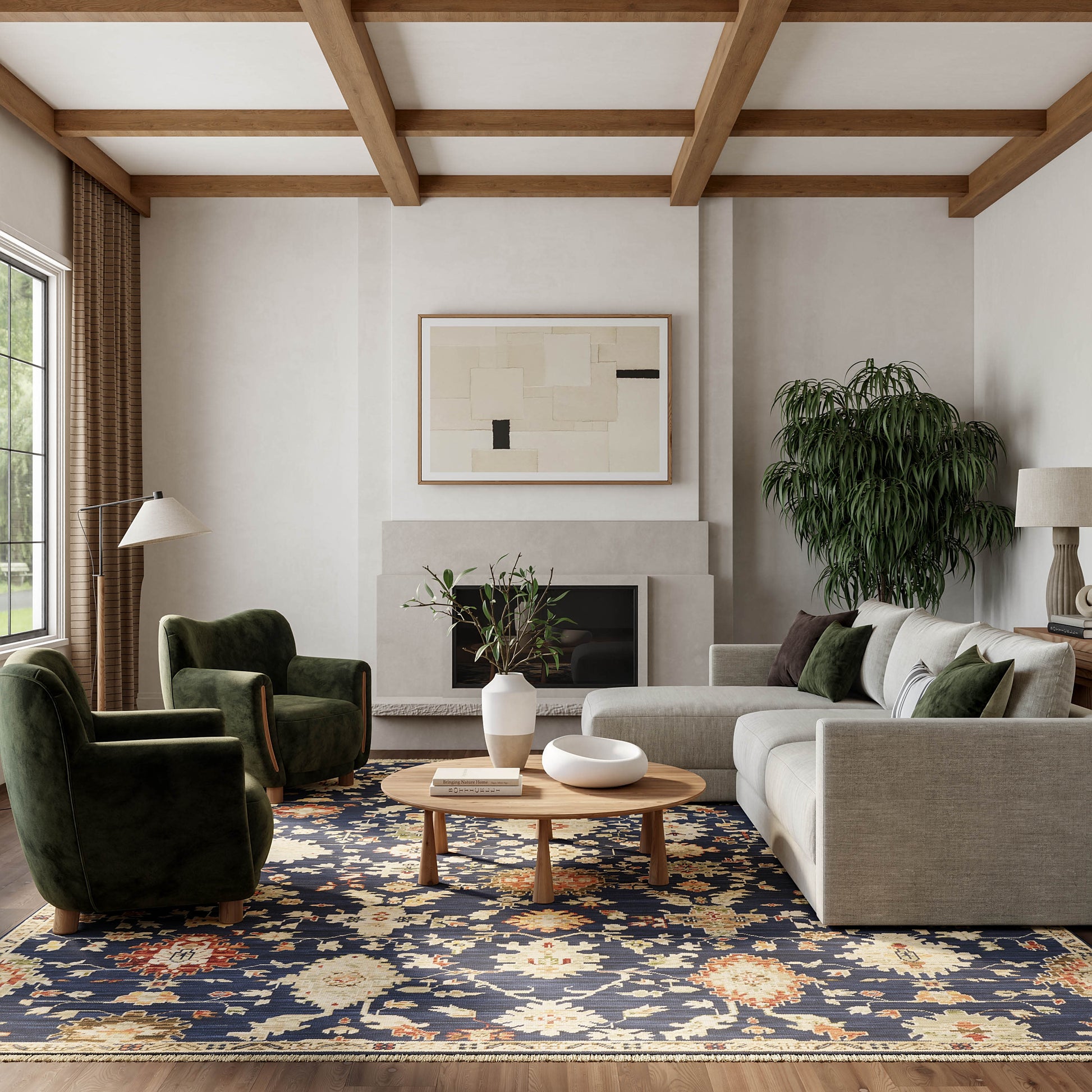 Cozy living room: beige sofa, dark green chairs, round wood coffee table, blue floral rug, fireplace, plants.