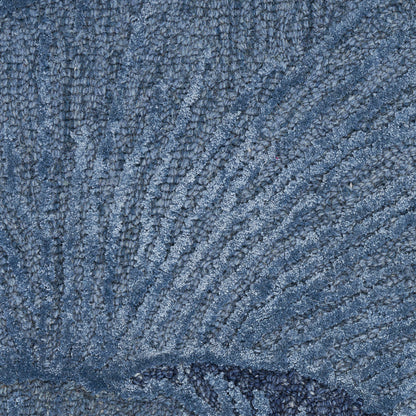 Blue-gray textured rug with radiating loop-pile lines and a curved band.