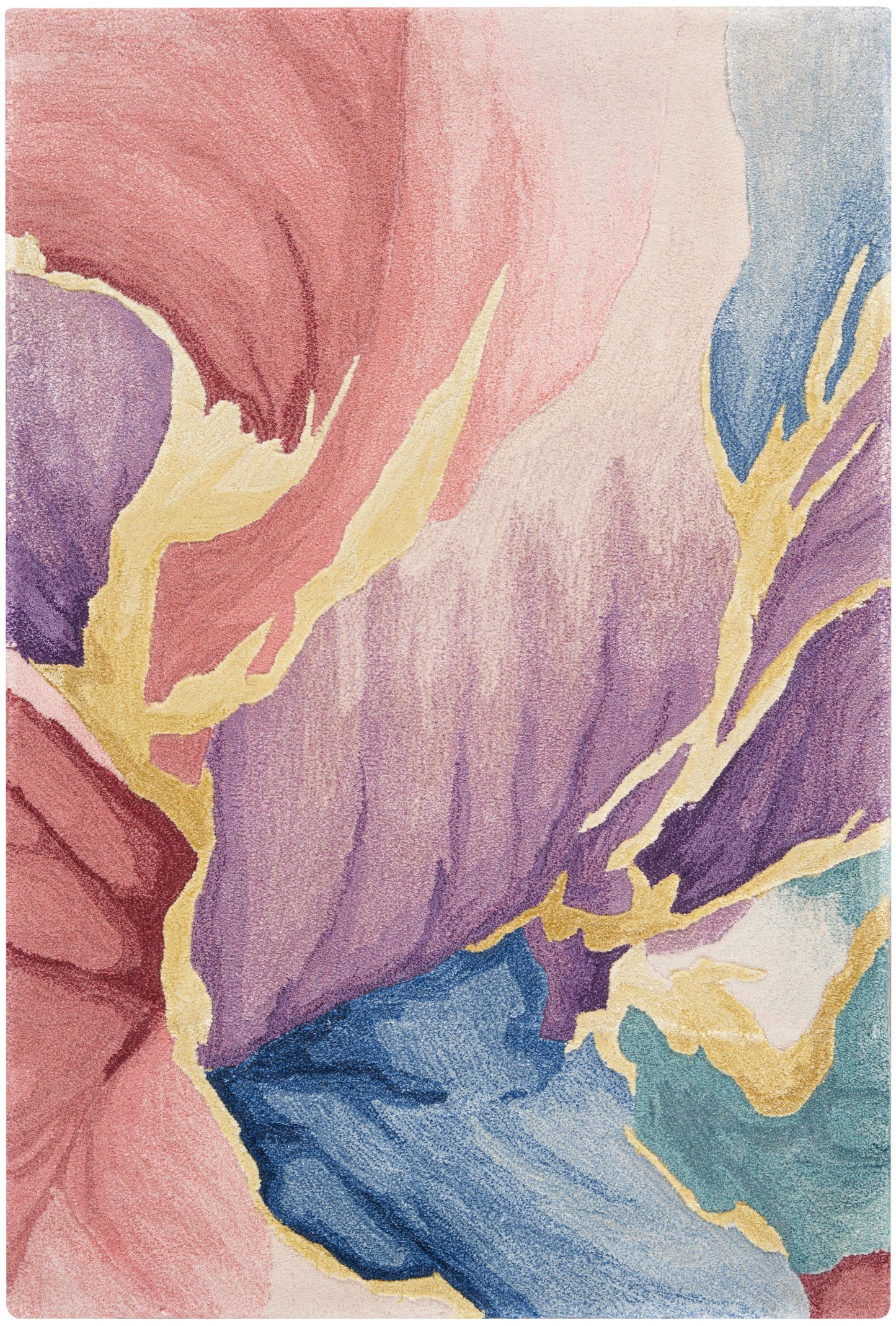 Pastel abstract floral rug with pink, purple, blue, teal petals and yellow accents.