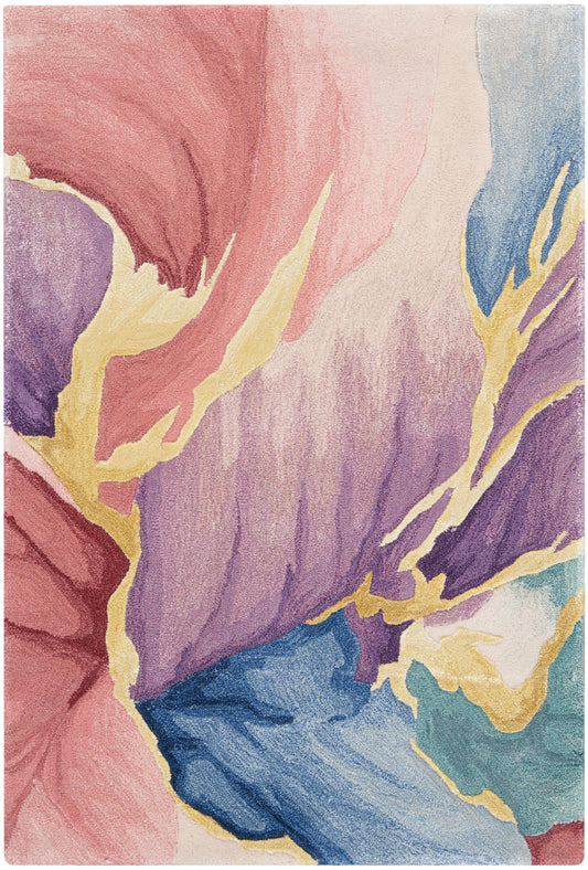 Pastel abstract floral rug with pink, purple, blue, teal petals and yellow accents.