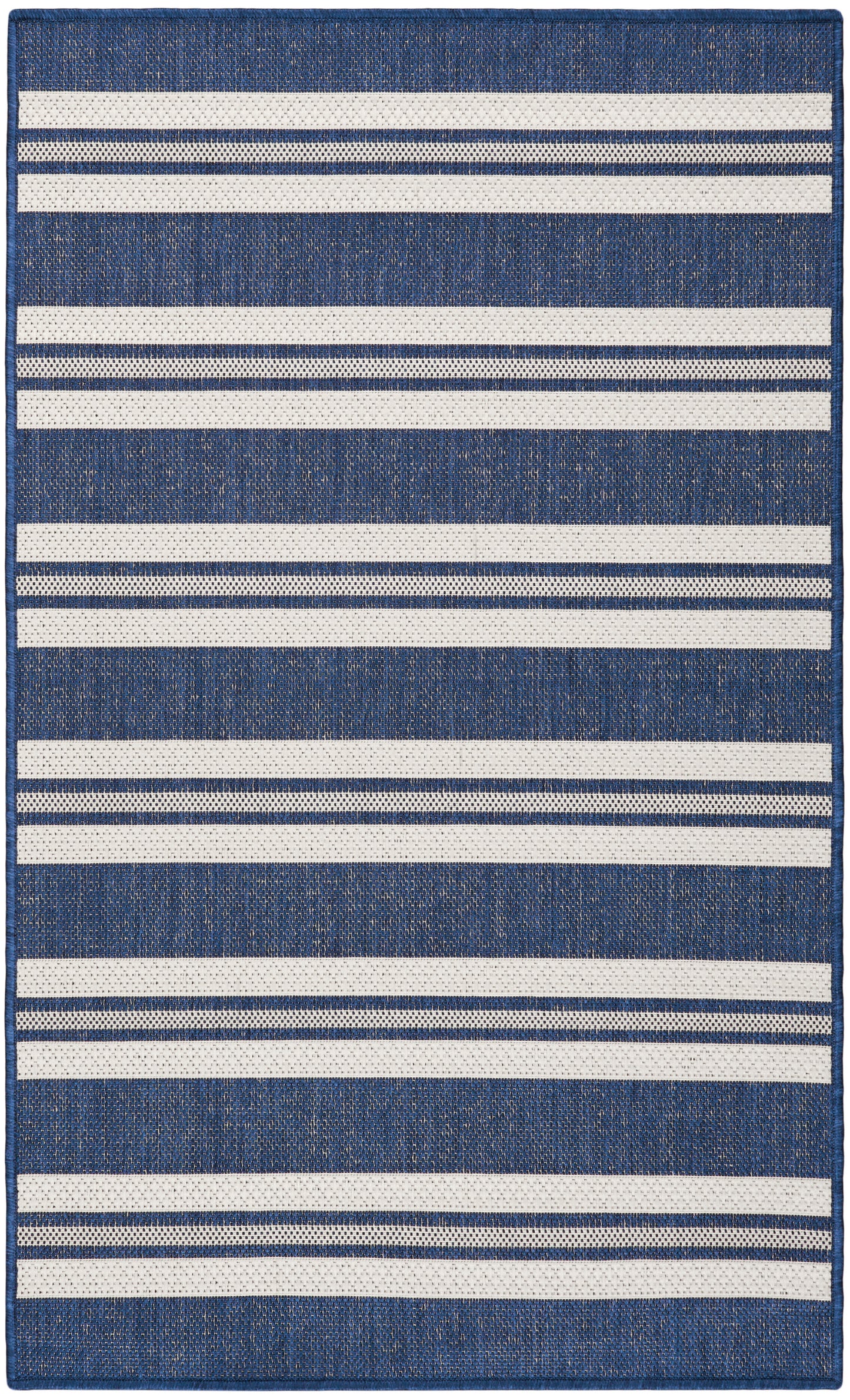 Blue denim-style rug with white horizontal stripes and woven texture.