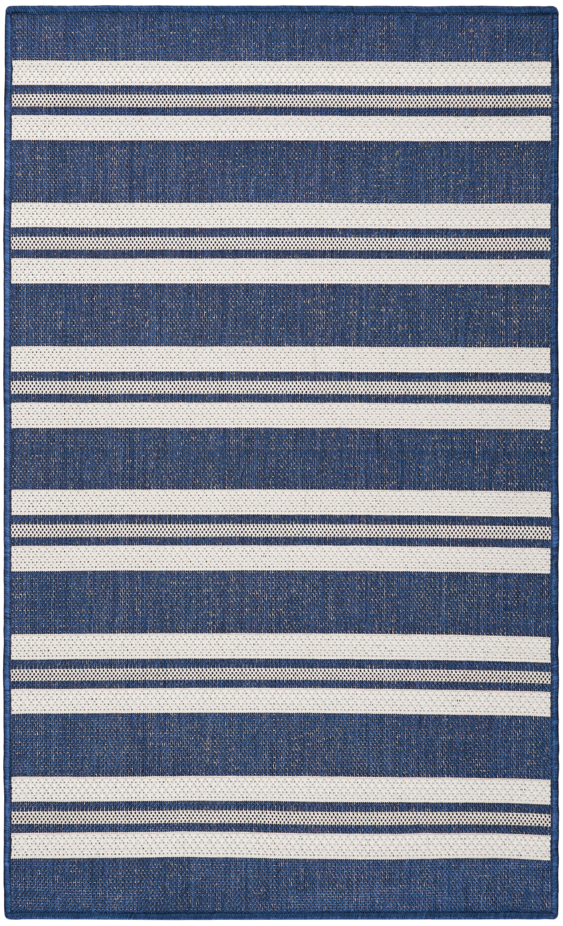 Blue denim-style rug with white horizontal stripes and woven texture.