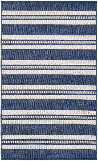Blue denim-style rug with white horizontal stripes and woven texture.