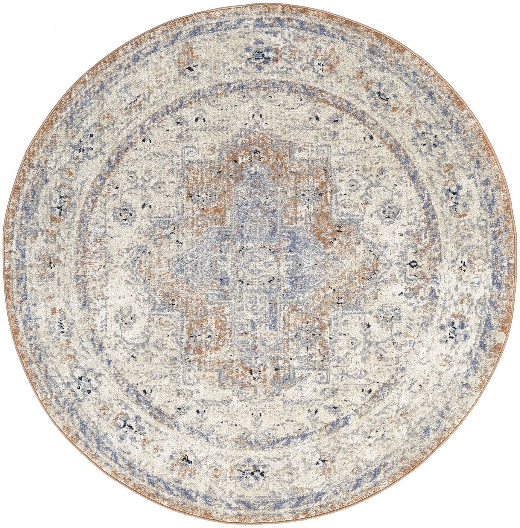 Round distressed oriental rug with ivory base, pale blue & rust medallion, and ornate concentric borders.