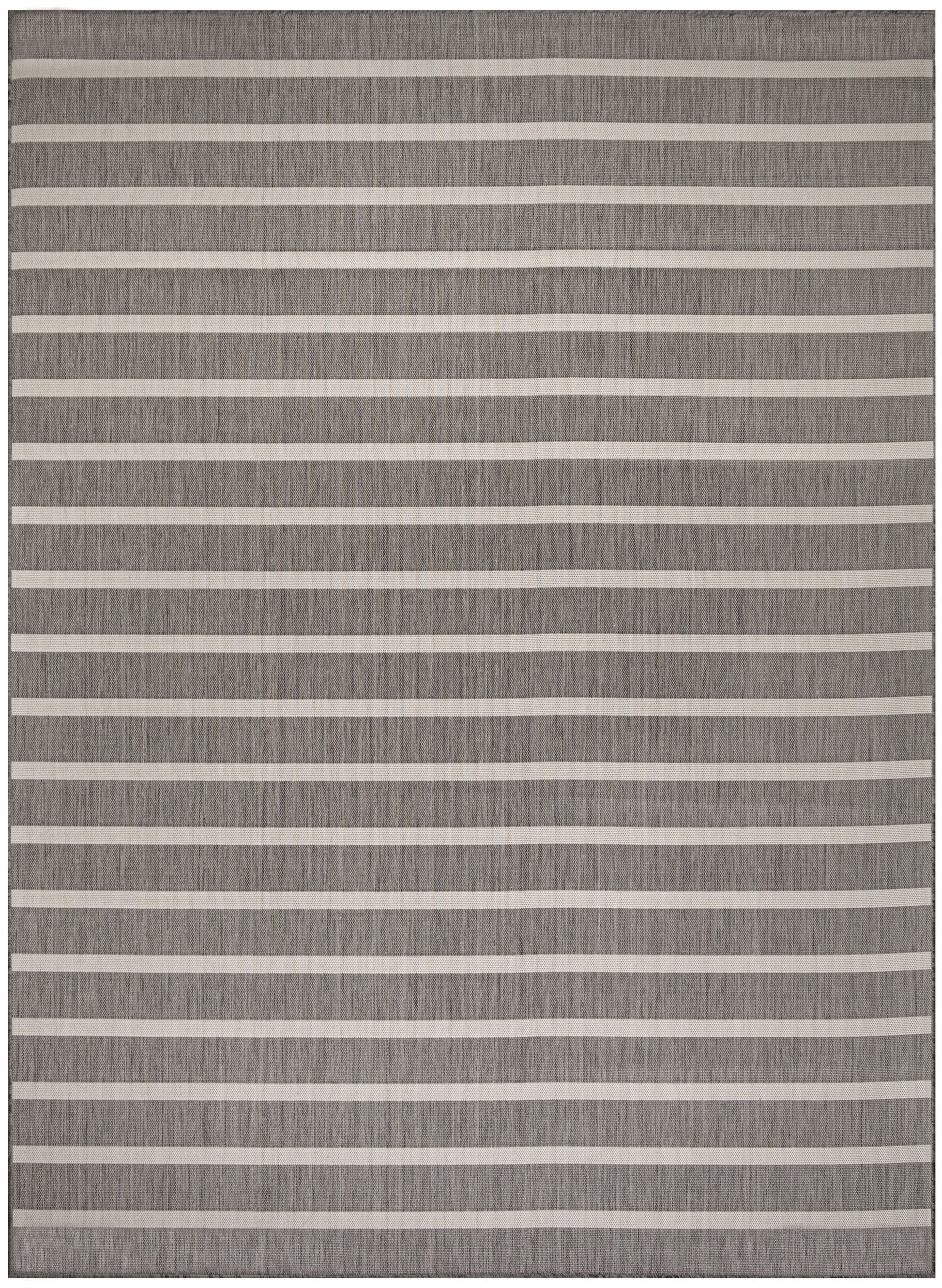 Gray textured area rug with evenly spaced off-white horizontal stripes.